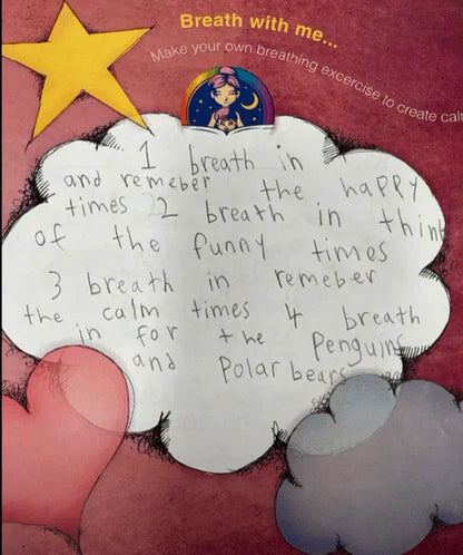Children's breathing exercise worksheet with hand-written calming prompts, stars, and clouds.