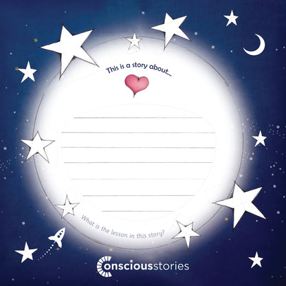 Blank book back cover with whimsical stars, moon, rocket, lined writing space, and heart illustration