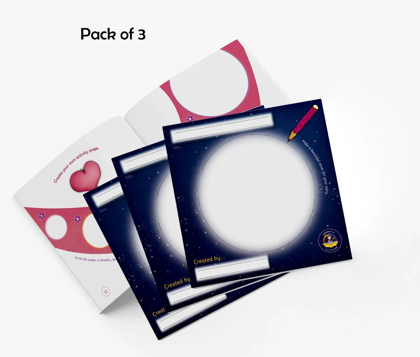 Pack of 3 blank activity books with colorful, customizable covers for kids' creative projects