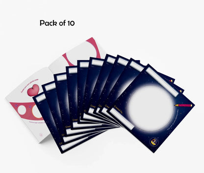 Pack of 10 blank activity books with dark blue covers and creative prompts inside.