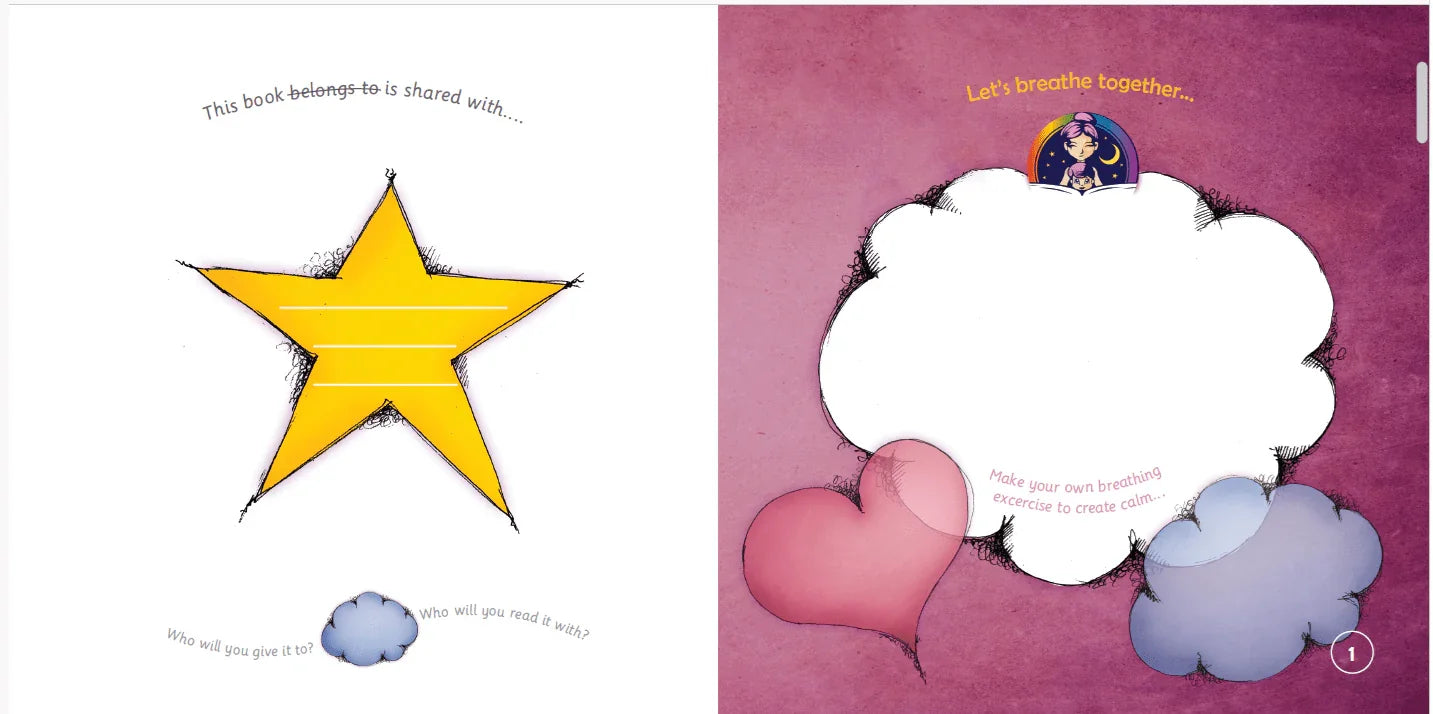 Storybook pages with a large yellow star for personalization and colorful shapes for a calming breathing activity.