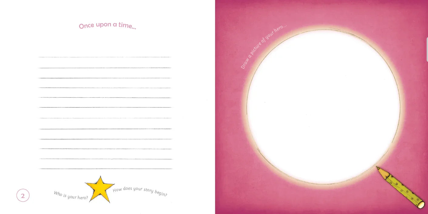Storybook pages with lined writing space, prompts, and a draw-your-hero section with a pencil.