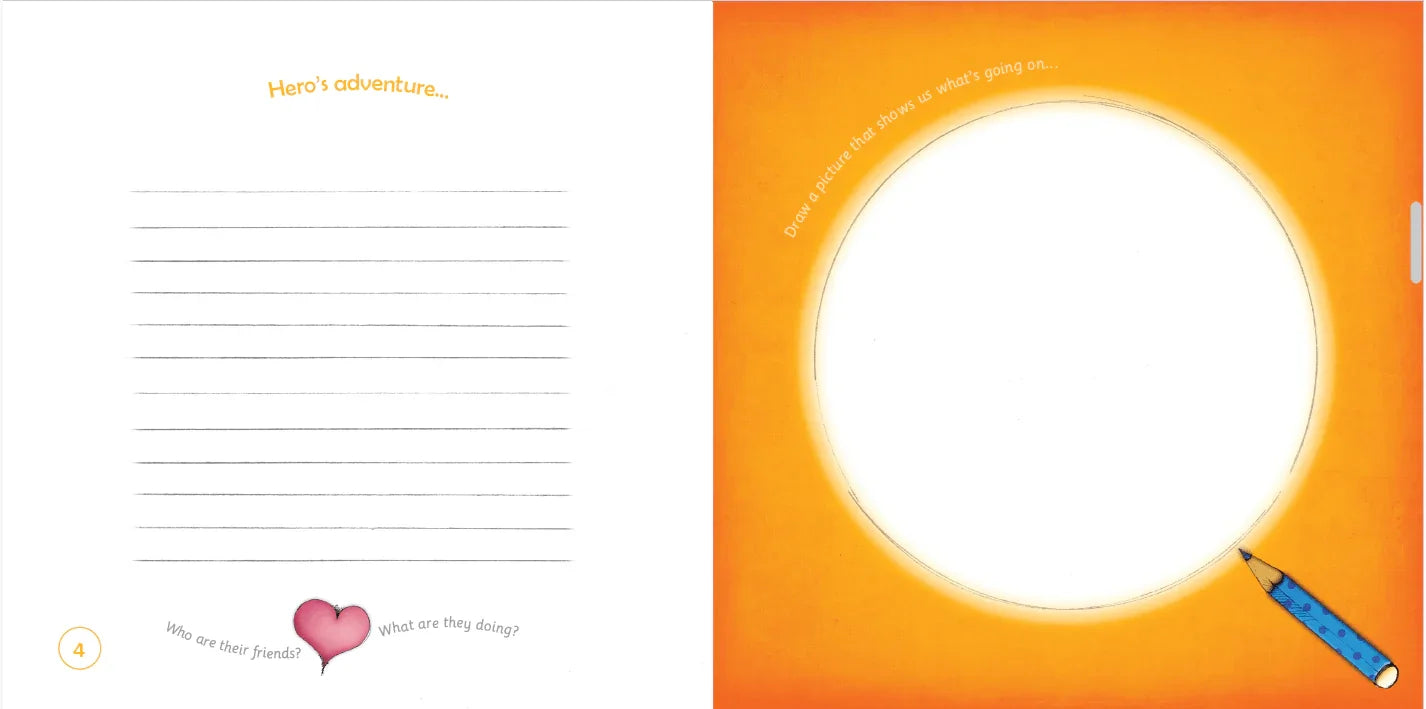 Storybook journal page with lines for writing, a heart icon, and space to draw a picture with a pencil