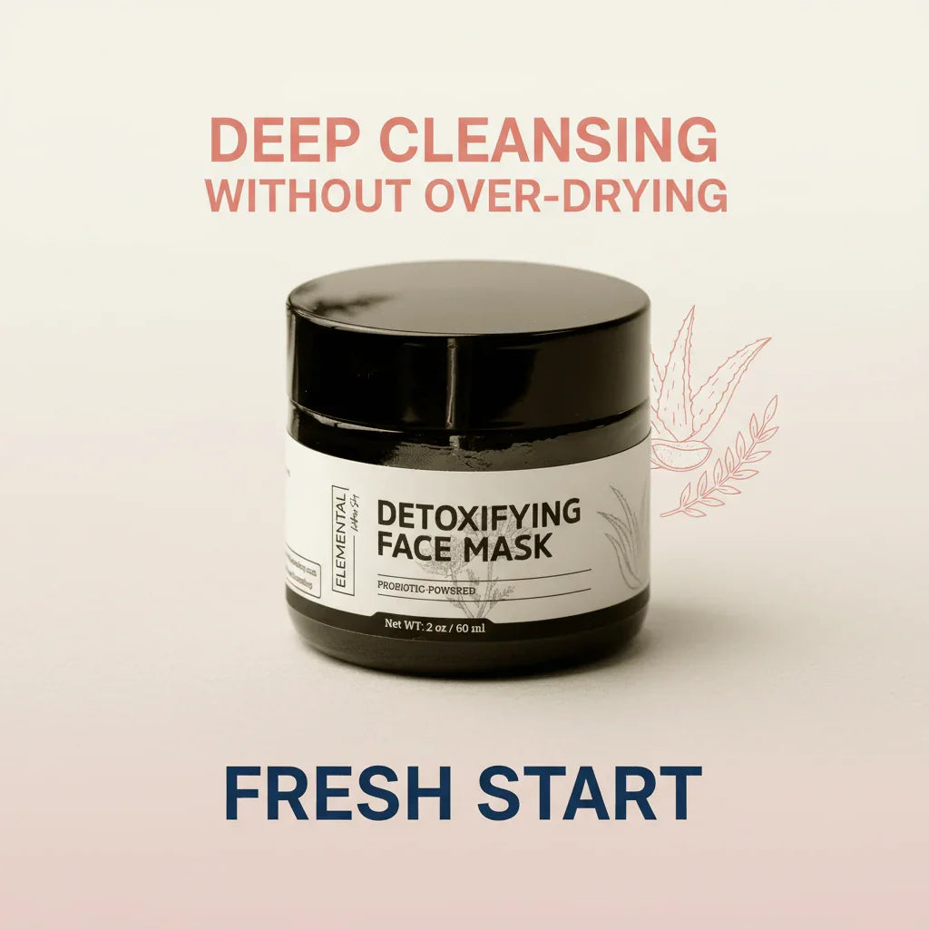 Detoxifying face mask jar on light background with 'Deep cleansing without over-drying' text.