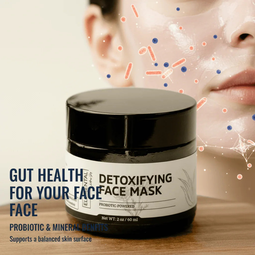 Detoxifying face mask jar with probiotic benefits, woman's face in background, skincare concept