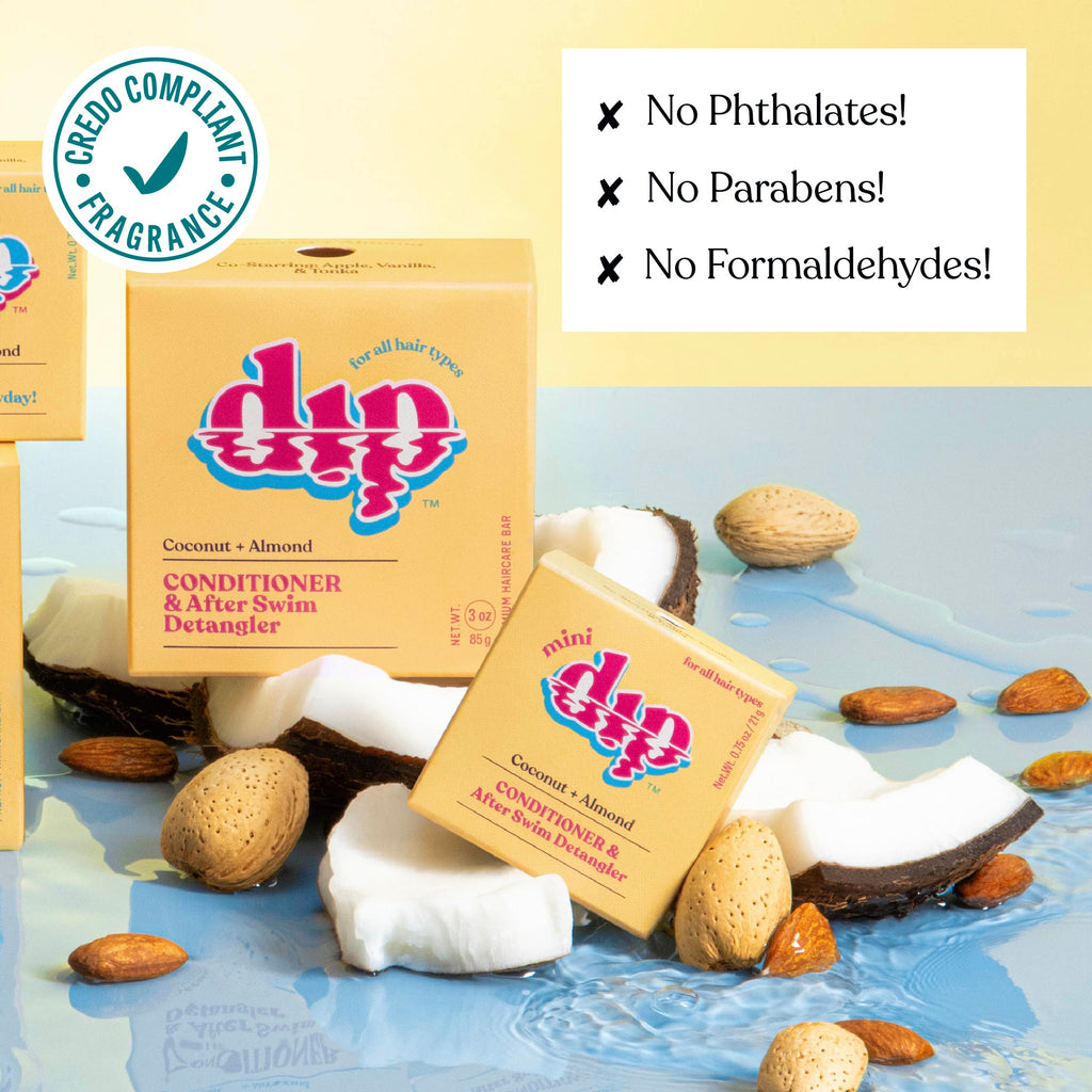 Dip conditioner and after swim detangler packaging with coconut and almond elements on a water-themed background.