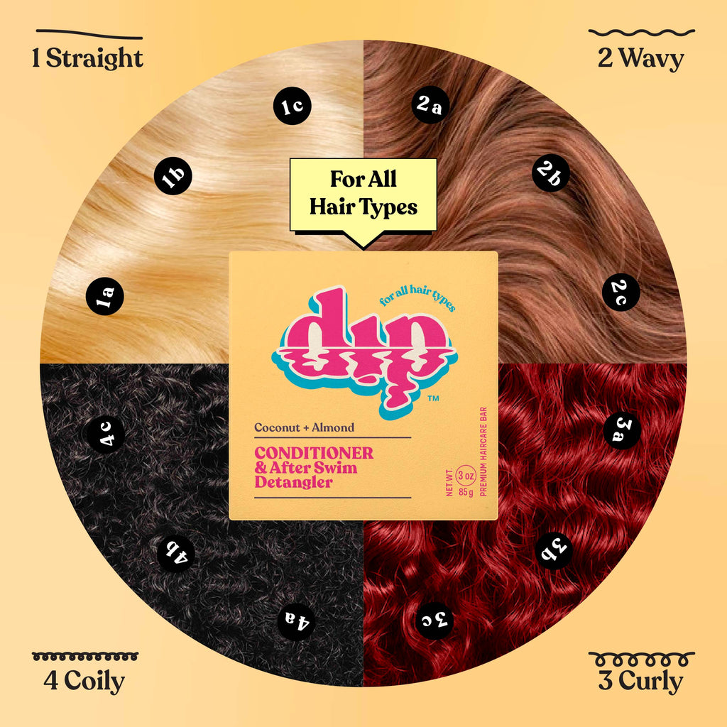 Dip hair care product packaging with hair type chart on a beige background