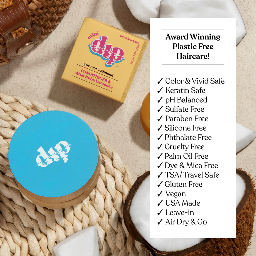 Hair care product packaging with a list of features on a textured surface.