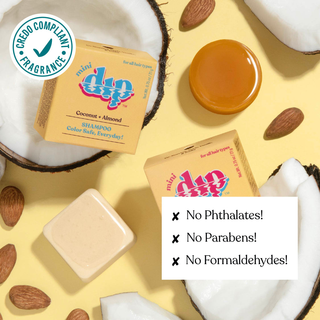 Duo shampoo bars with coconut and almond ingredients on a yellow background