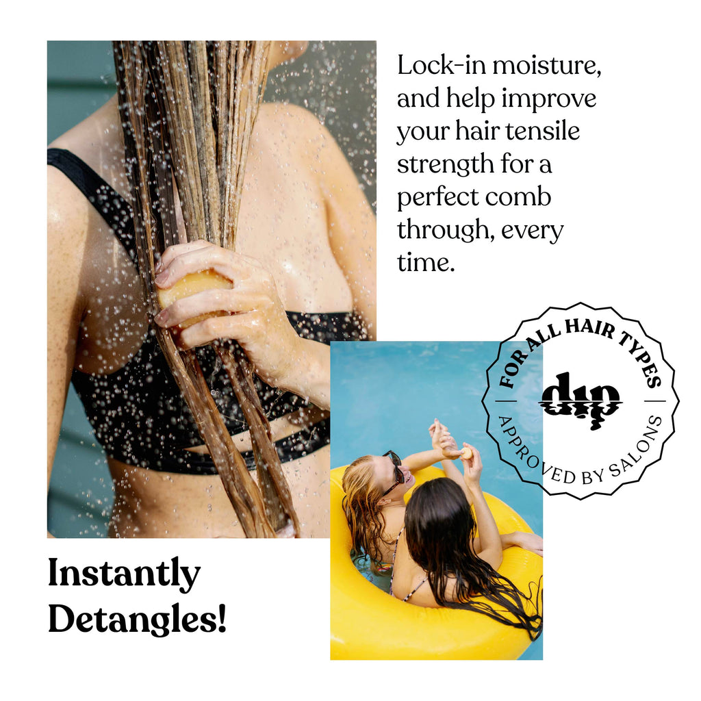 Advertisement for hair care product with text and images of people using the product.