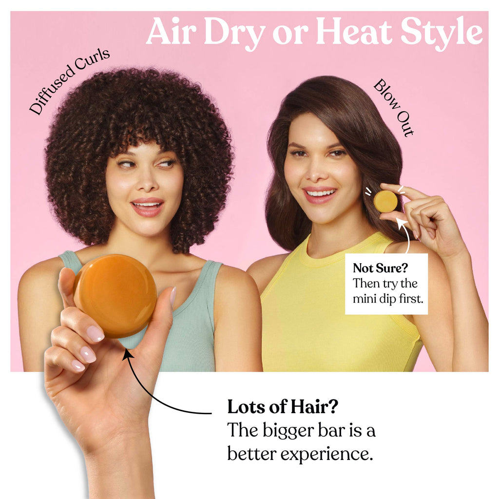 Two women holding hair products with text on a pink background