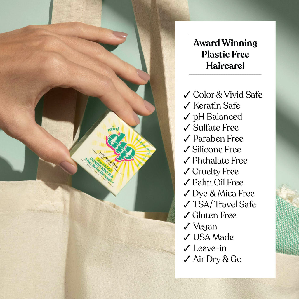 Hand holding a bar of soap with a list of product features on a beige background