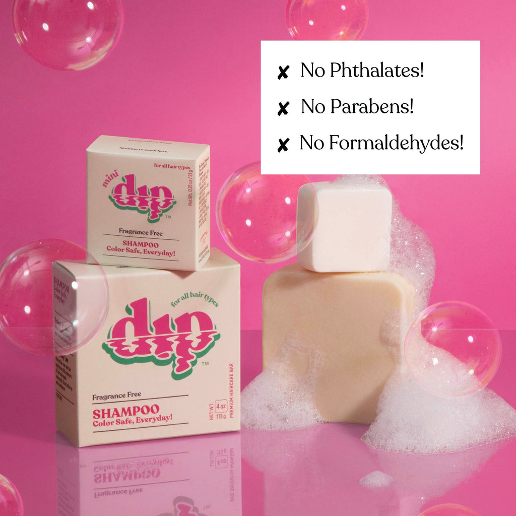 Dip shampoo and soap with bubbles on a pink background, featuring text about chemical-free ingredients.