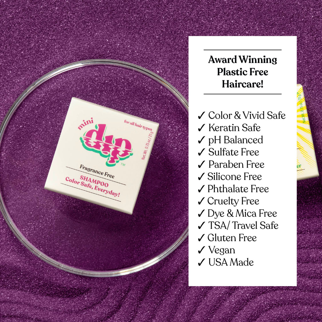 Mini Dip Dip shampoo bar packaging on a purple background with product features listed.