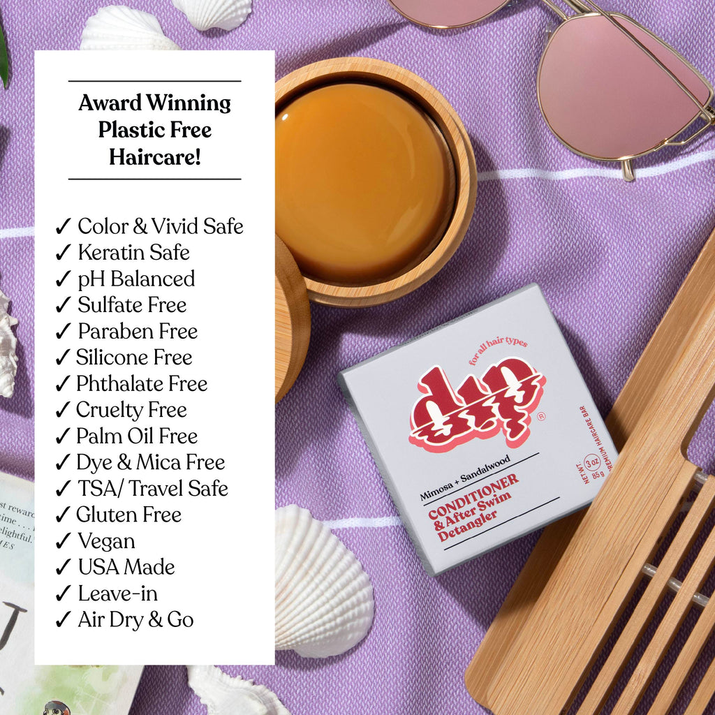 Product packaging with a list of features on a purple background with sunglasses and shells.