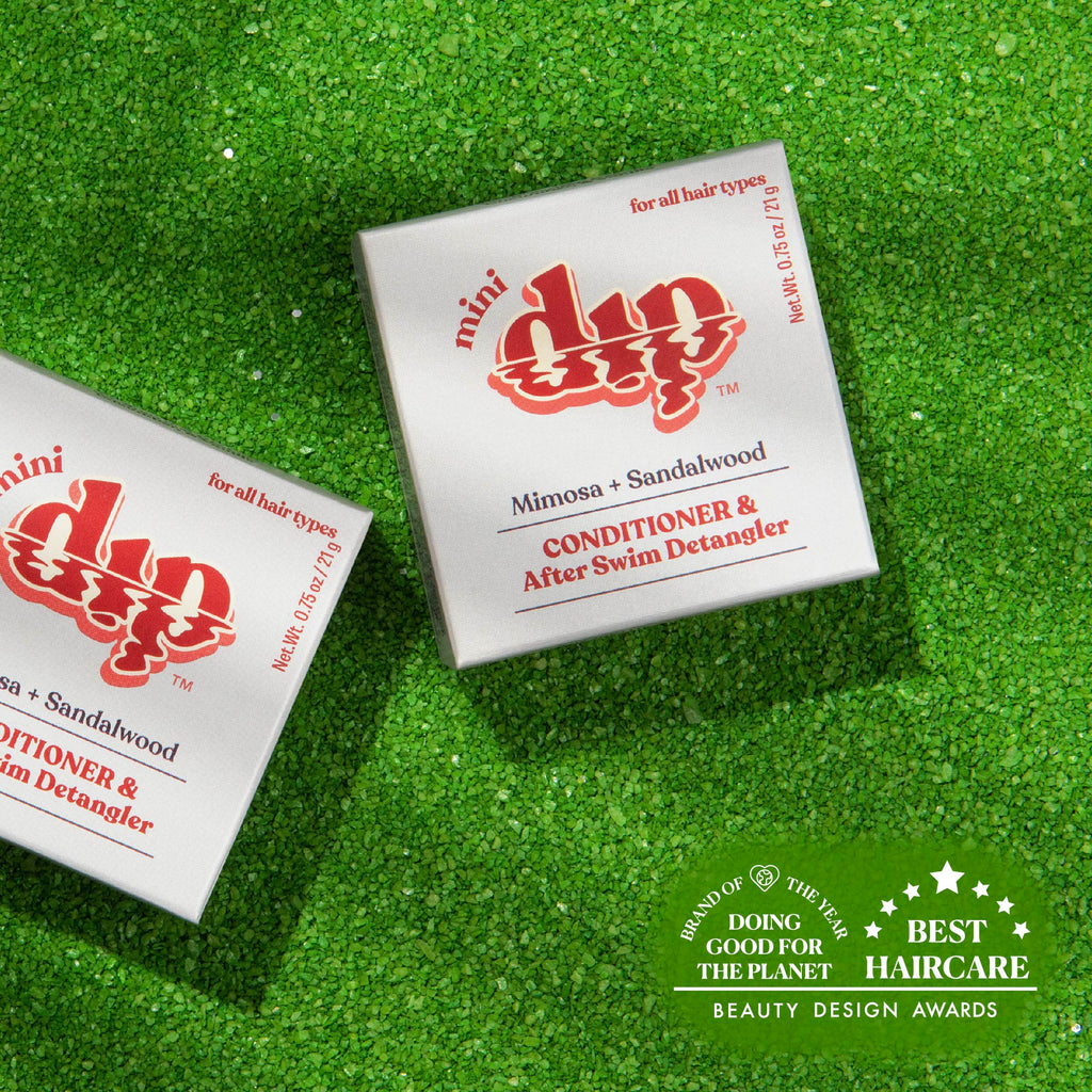 Two boxes of 'my dip' conditioner and after swim detangler on a green textured background with awards text.