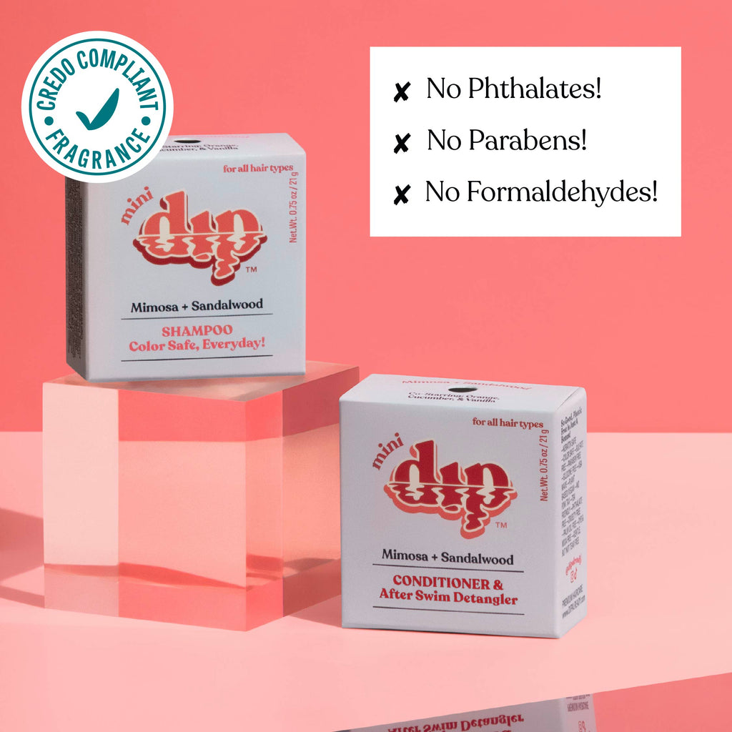 Two boxes of mini dip shampoo and conditioner on a pink background with greenery.
