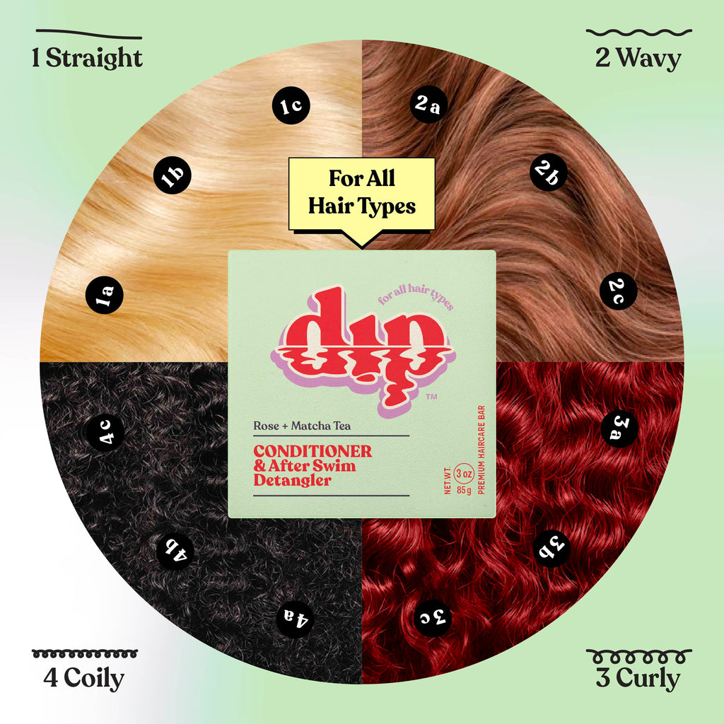 Dip hair care product packaging with hair type chart on a green background