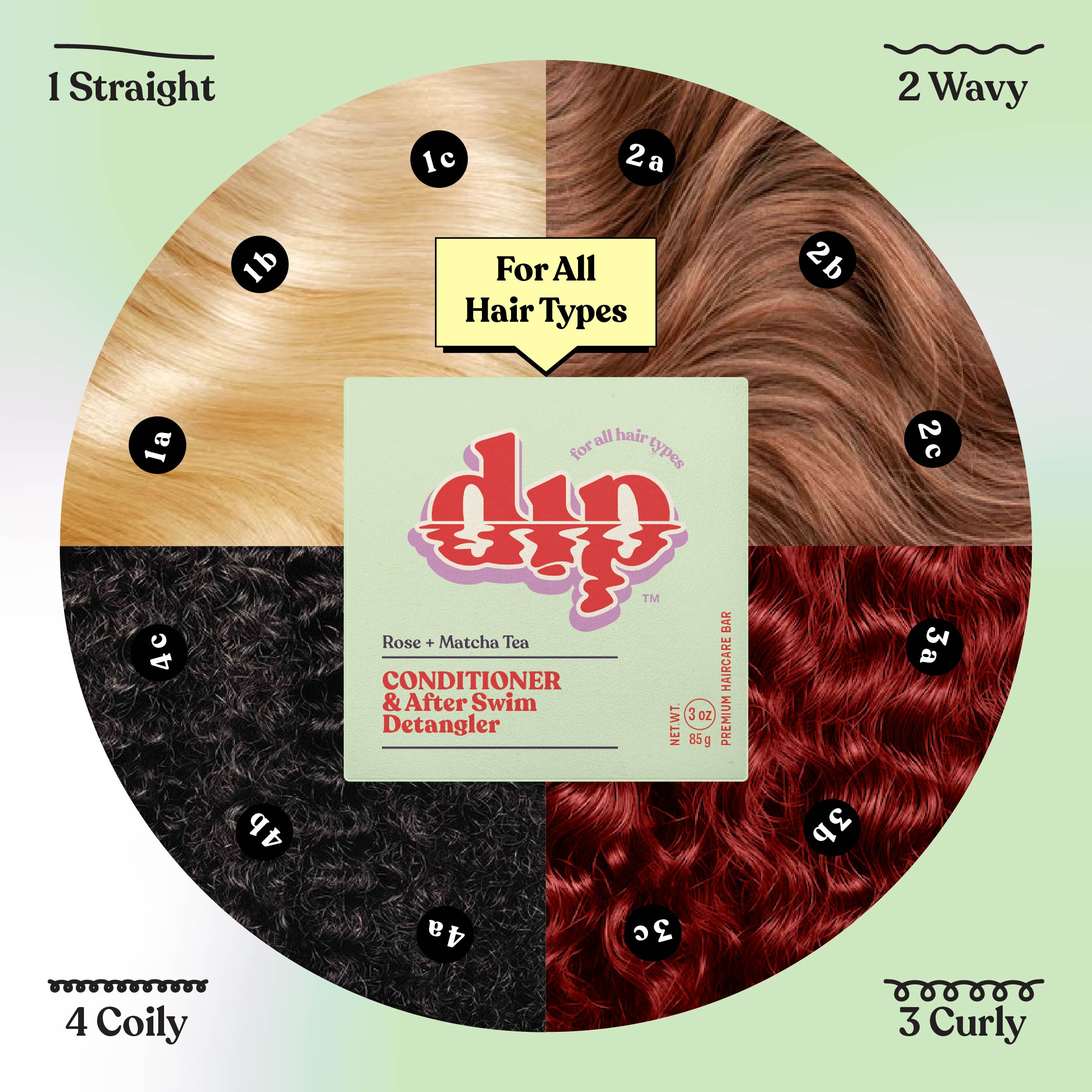 Dip hair care product packaging with hair type chart on a green background