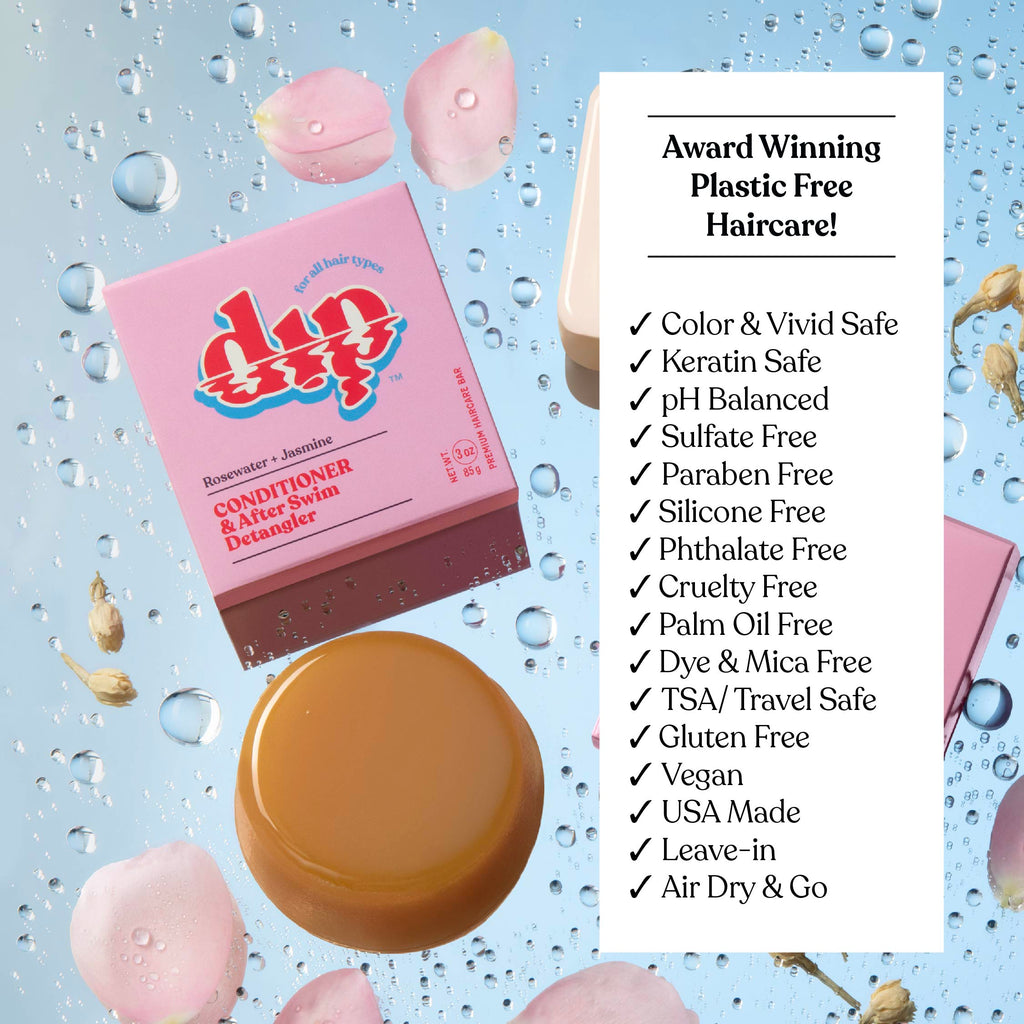 Product packaging with 'dip' branding on a blue background with bubbles and hair products.