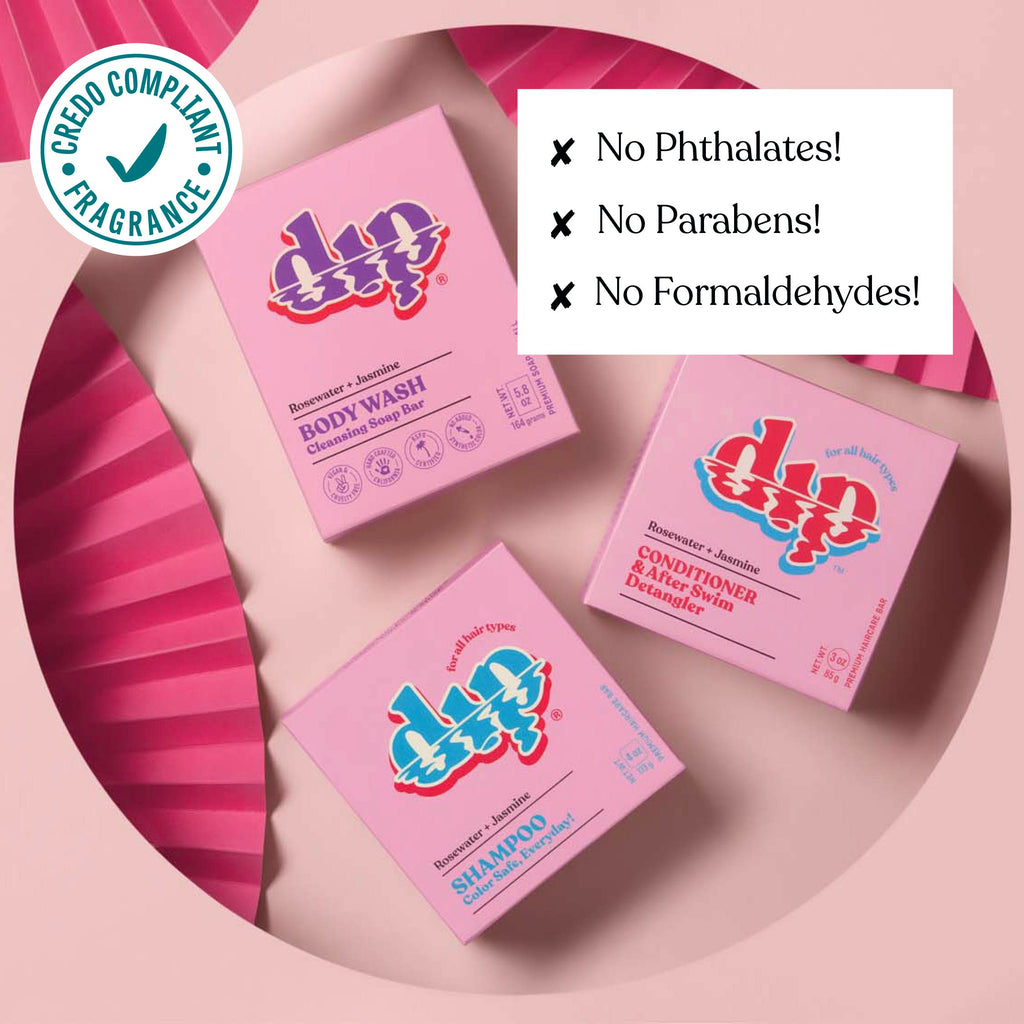 Pink boxes of Dap products on a pink background with green checkmark and text about product ingredients.