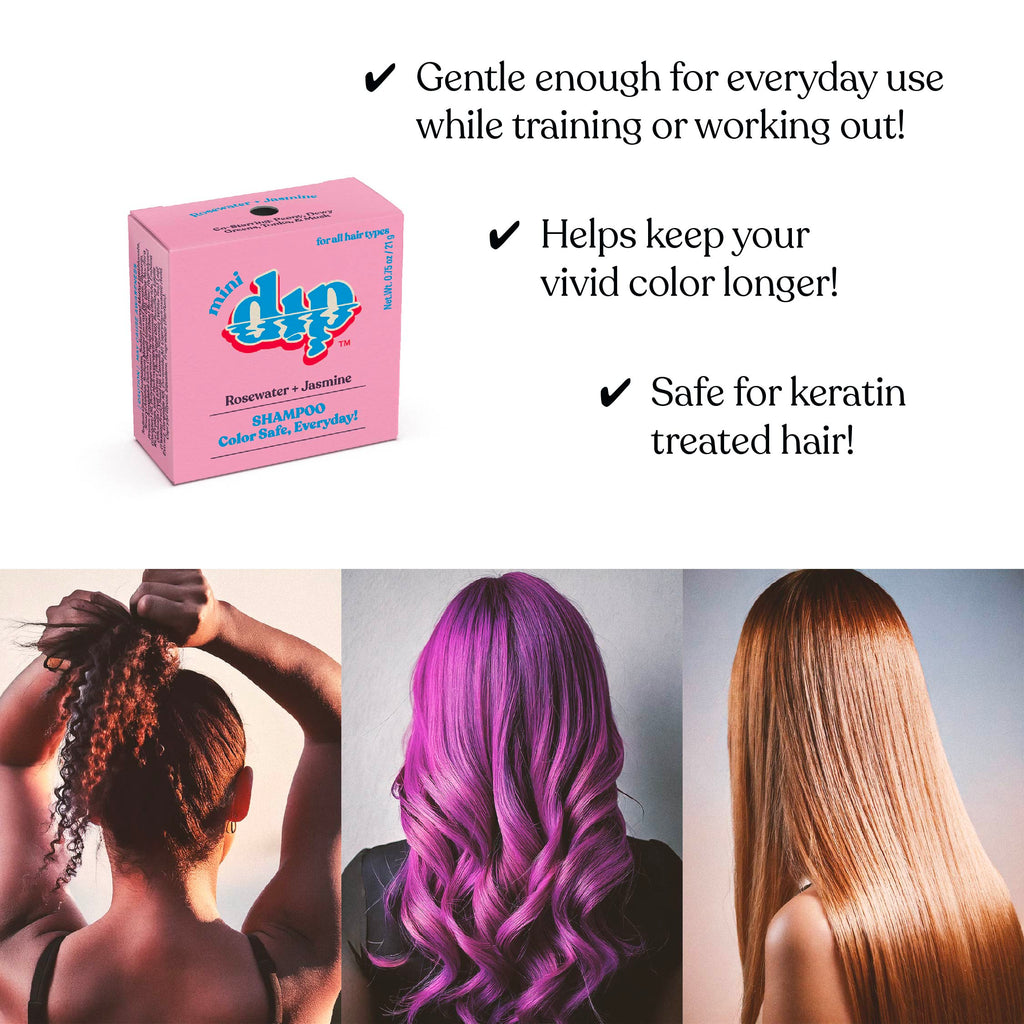 Pink box of Mad Dip shampoo with text about its benefits and images of people with colored hair.