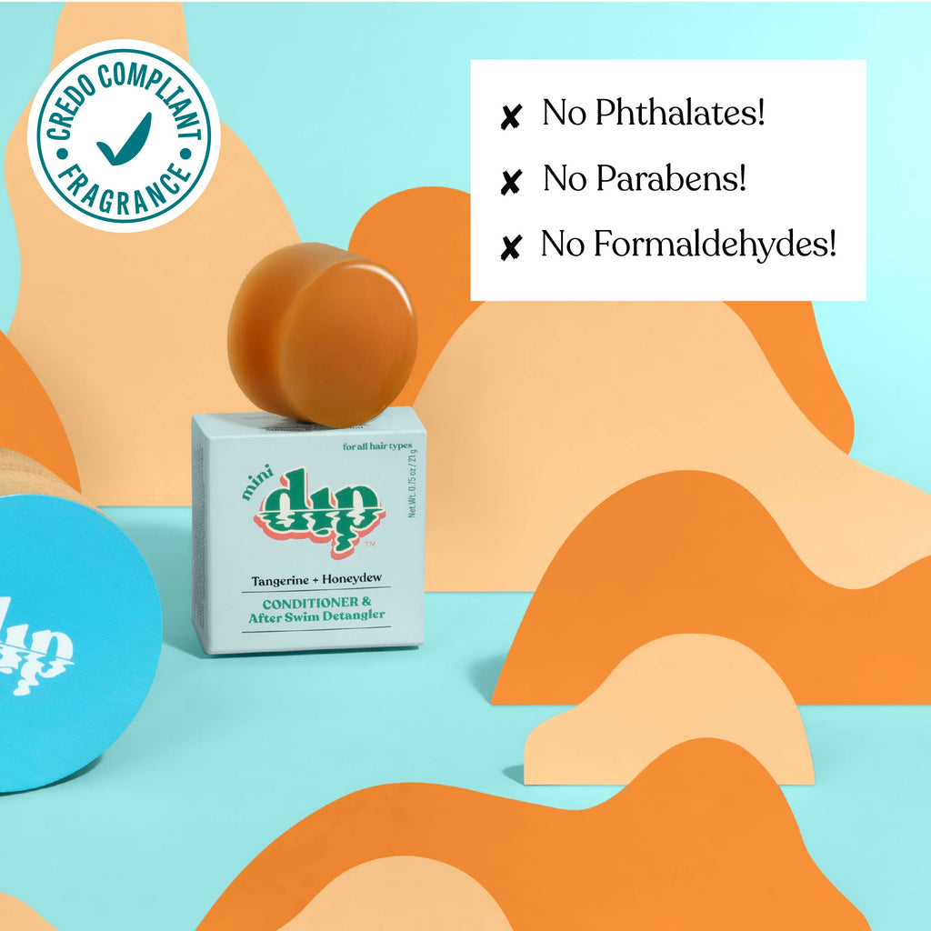 Product packaging with 'no phthalates', 'no parabens', and 'no formaldehydes' text on a colorful abstract background.