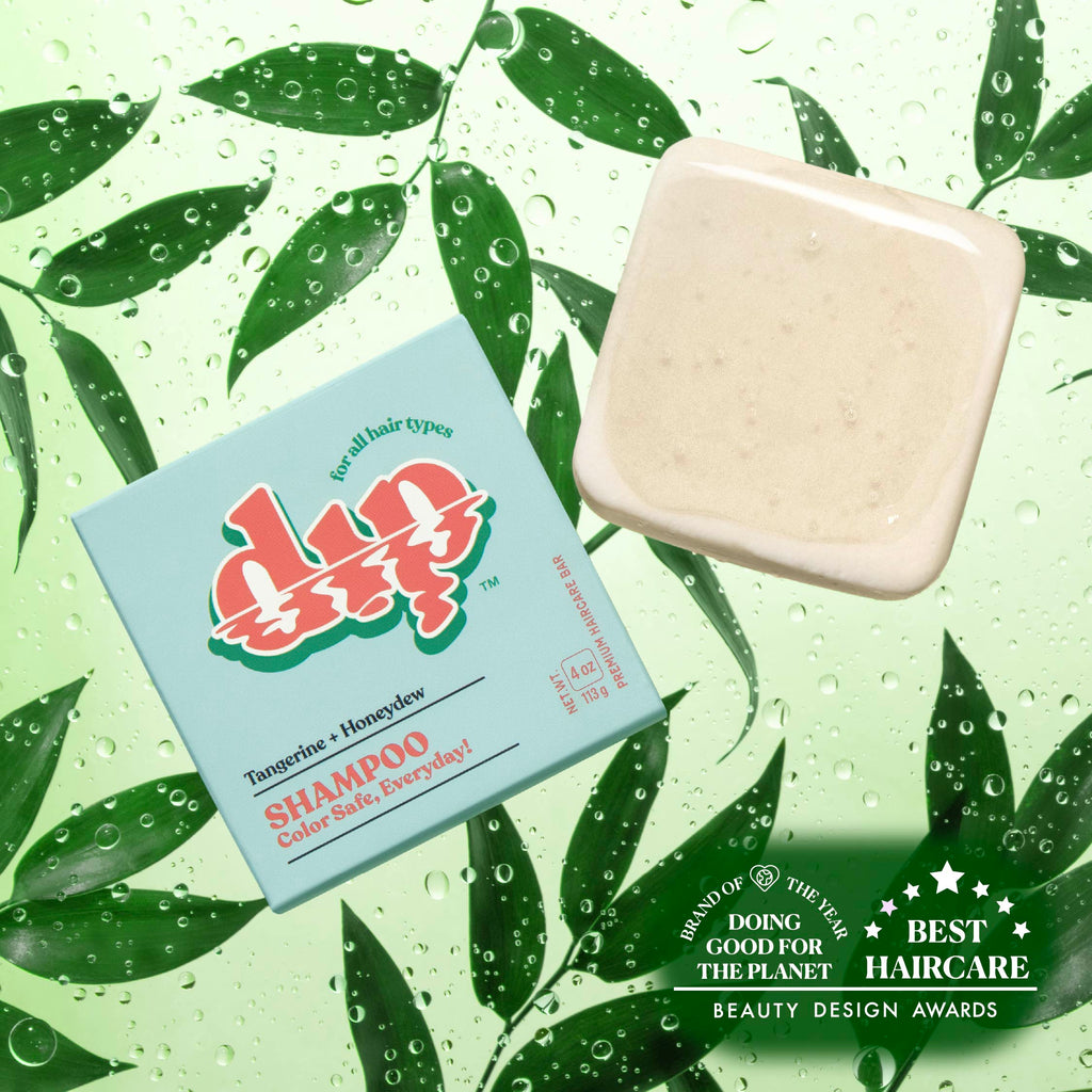 Shampoo bar and packaging with green leaf background