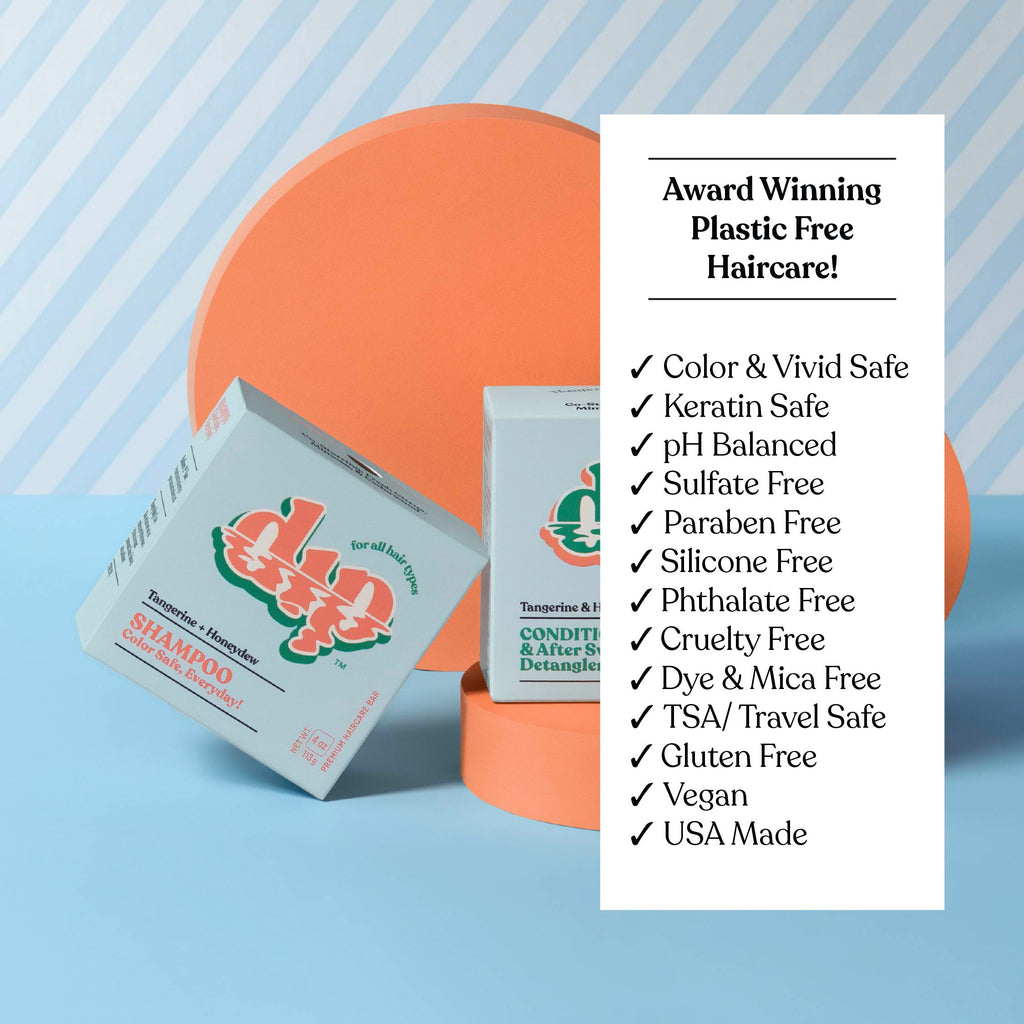 Two boxes of hair care products with a list of benefits on a blue and orange background