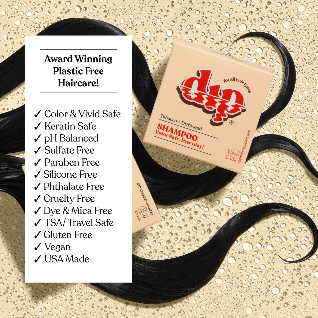 Shampoo bar with black hair extensions on a beige background with product details.