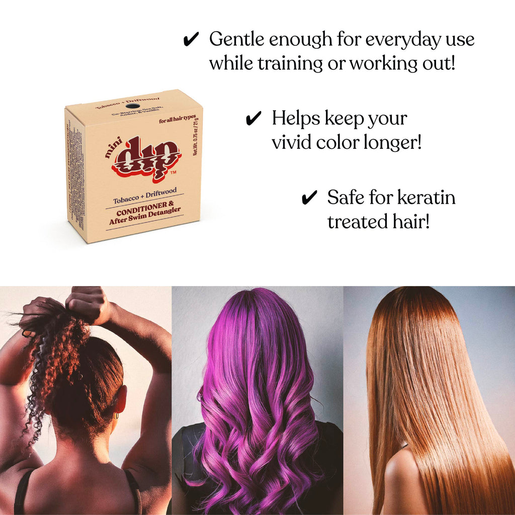 Dino Dip hair care product box with text about hair care benefits and images of people with colored hair.