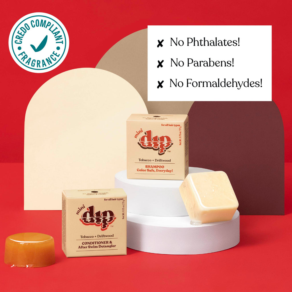 Duo shampoo and conditioner bars with a soap bar on a red background, featuring greenery compliance badge.