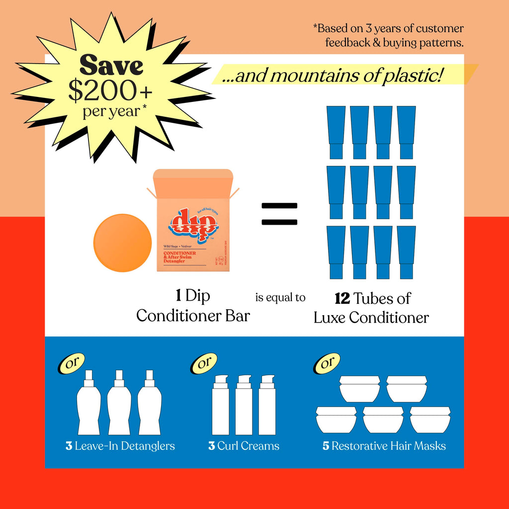Advertisement comparing a Dip Conditioner Bar to multiple hair care products with savings text.