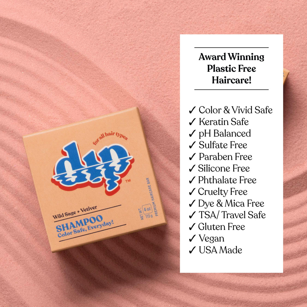 Box of 'Dip' shampoo with a list of product features on a pink background