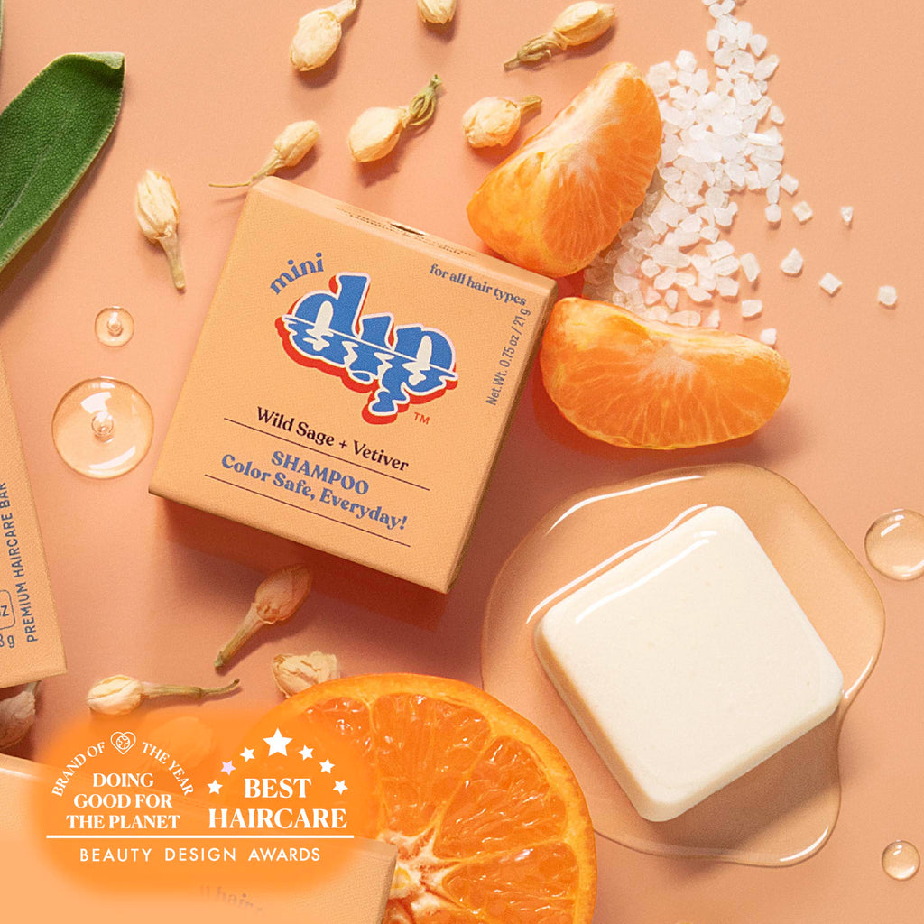 Dap shampoo bar with packaging, oranges, and herbs on a beige background