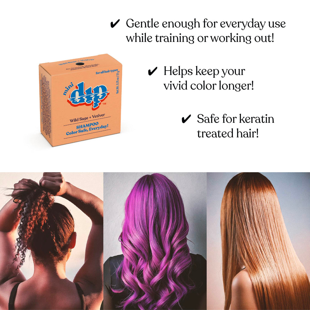 Box of Red Dip shampoo with text about its benefits for hair care, including color longevity and safety for keratin-treated hair.