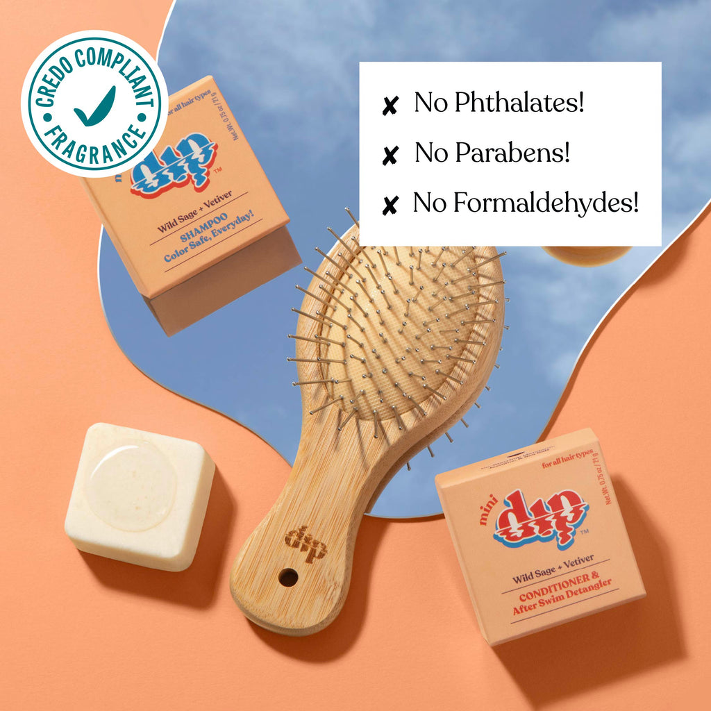 Wooden hairbrush, soap, and shampoo bars with 'no phthalates', 'no parabens', and 'no formaldehydes' text on a colorful background.