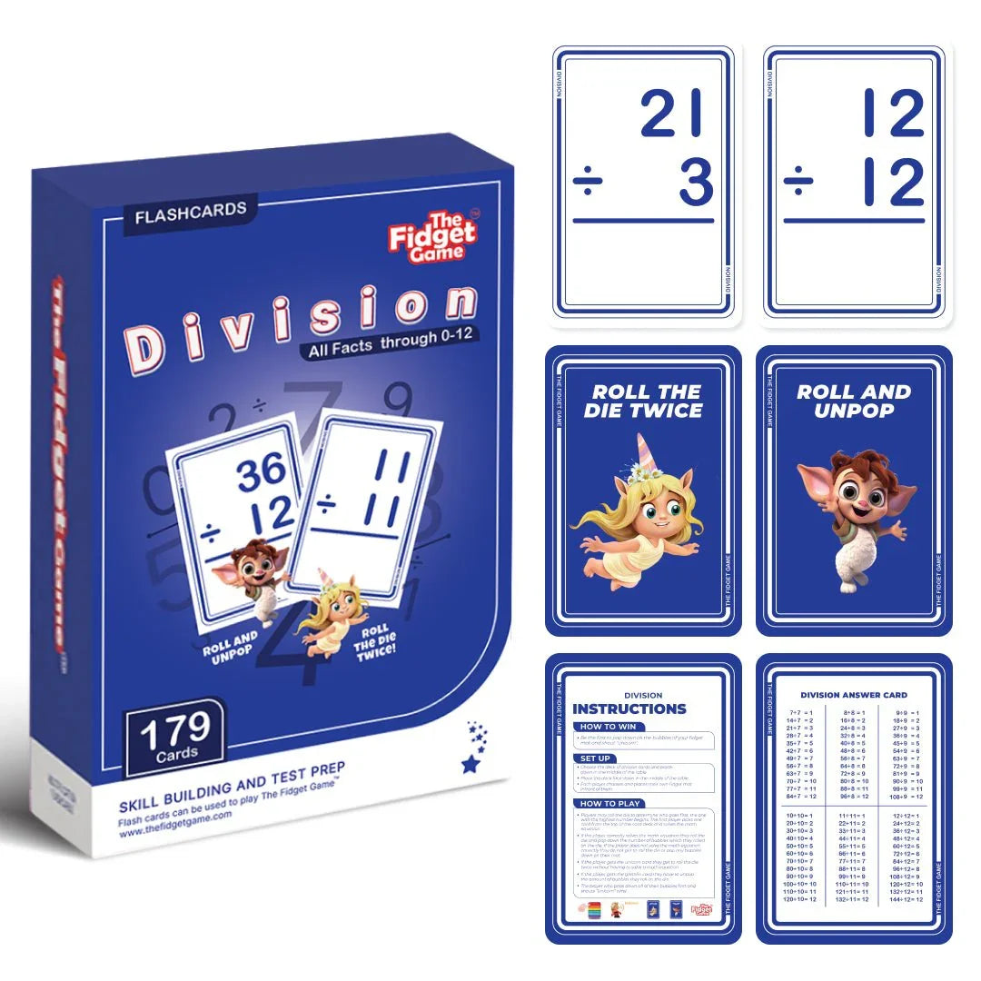 Division flashcards set for kids with math problems, instructions, and playful cartoon characters