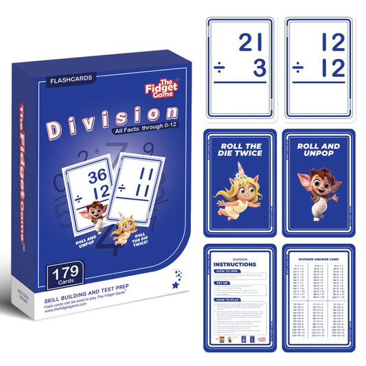Division flashcards set for kids with math problems, instructions, and playful cartoon characters