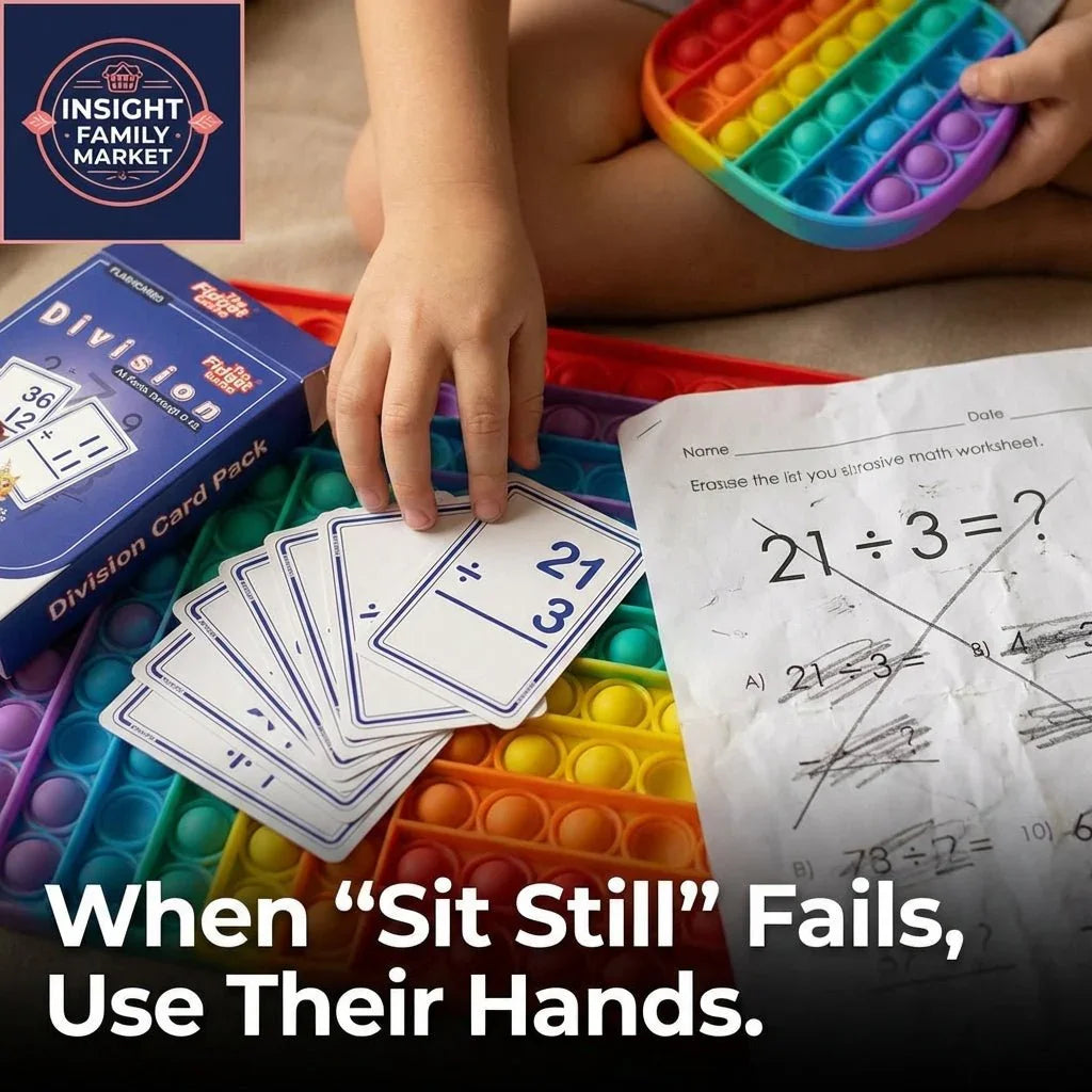 Child using division flashcards, worksheet, and rainbow sensory pop it fidget toy for hands-on math learning.