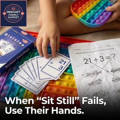 Child using division flashcards, worksheet, and rainbow sensory pop it fidget toy for hands-on math learning.