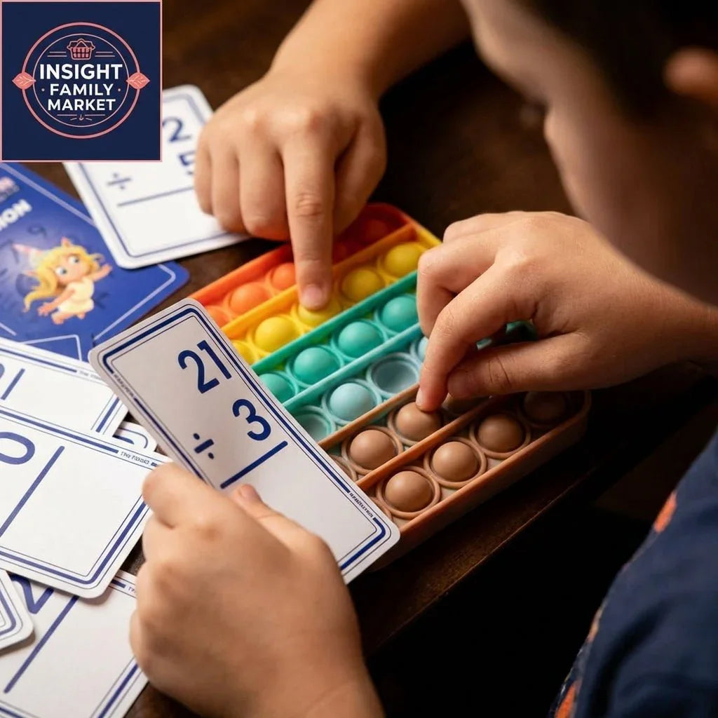 Child using sensory math tools with division flashcards and colorful pop it fidget toy
