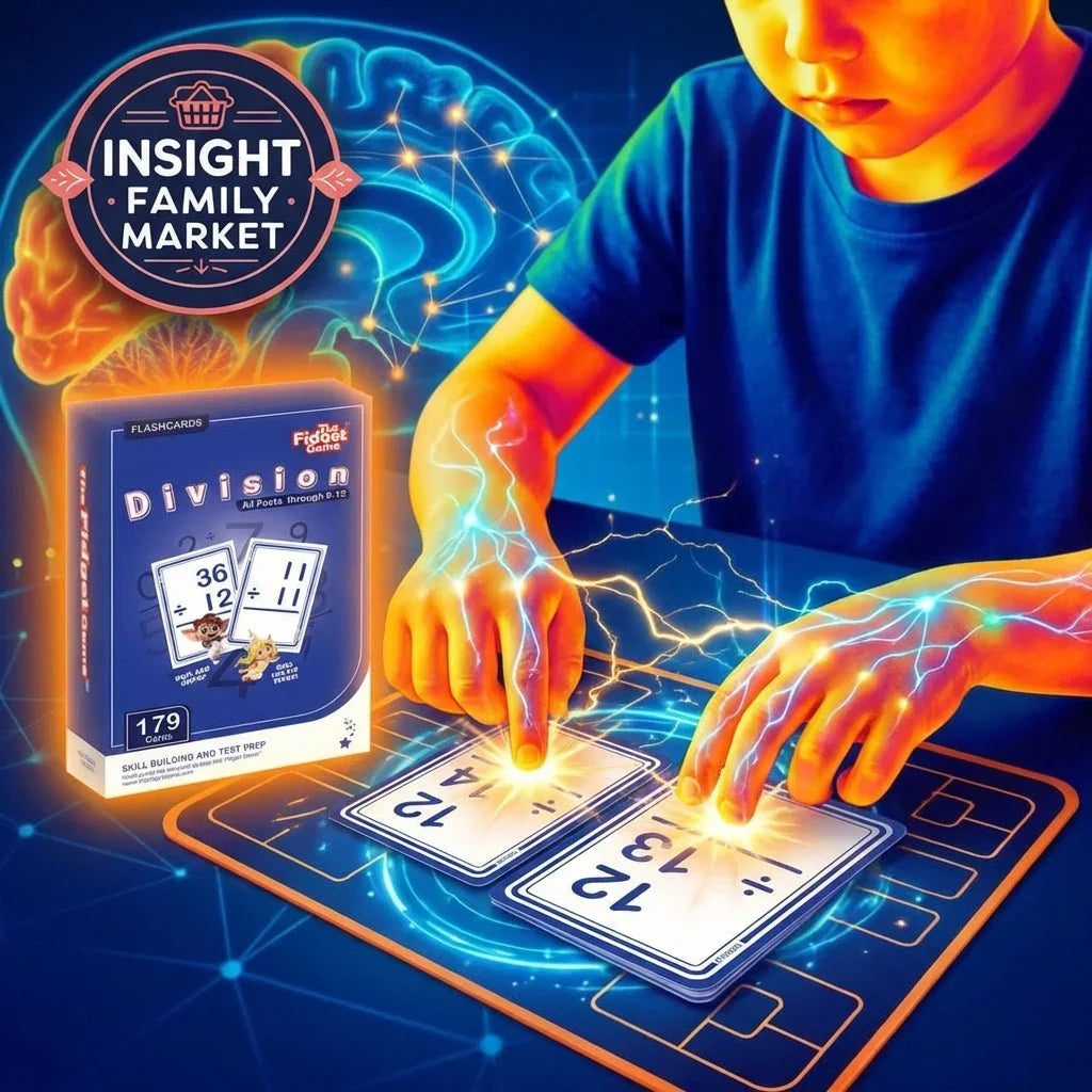 Child using division flashcards with glowing effects, promoting math learning tools