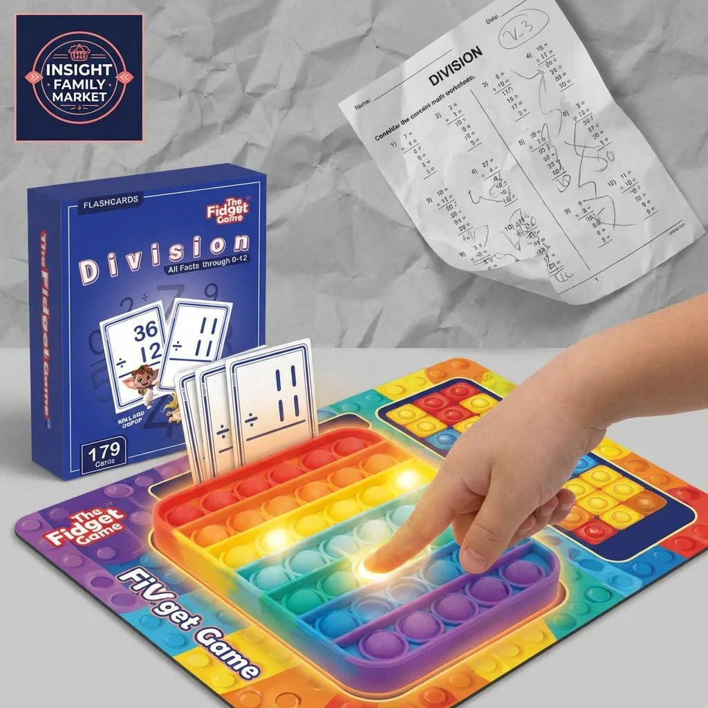 Child playing division flashcard fidget game with colorful sensory board and math worksheet