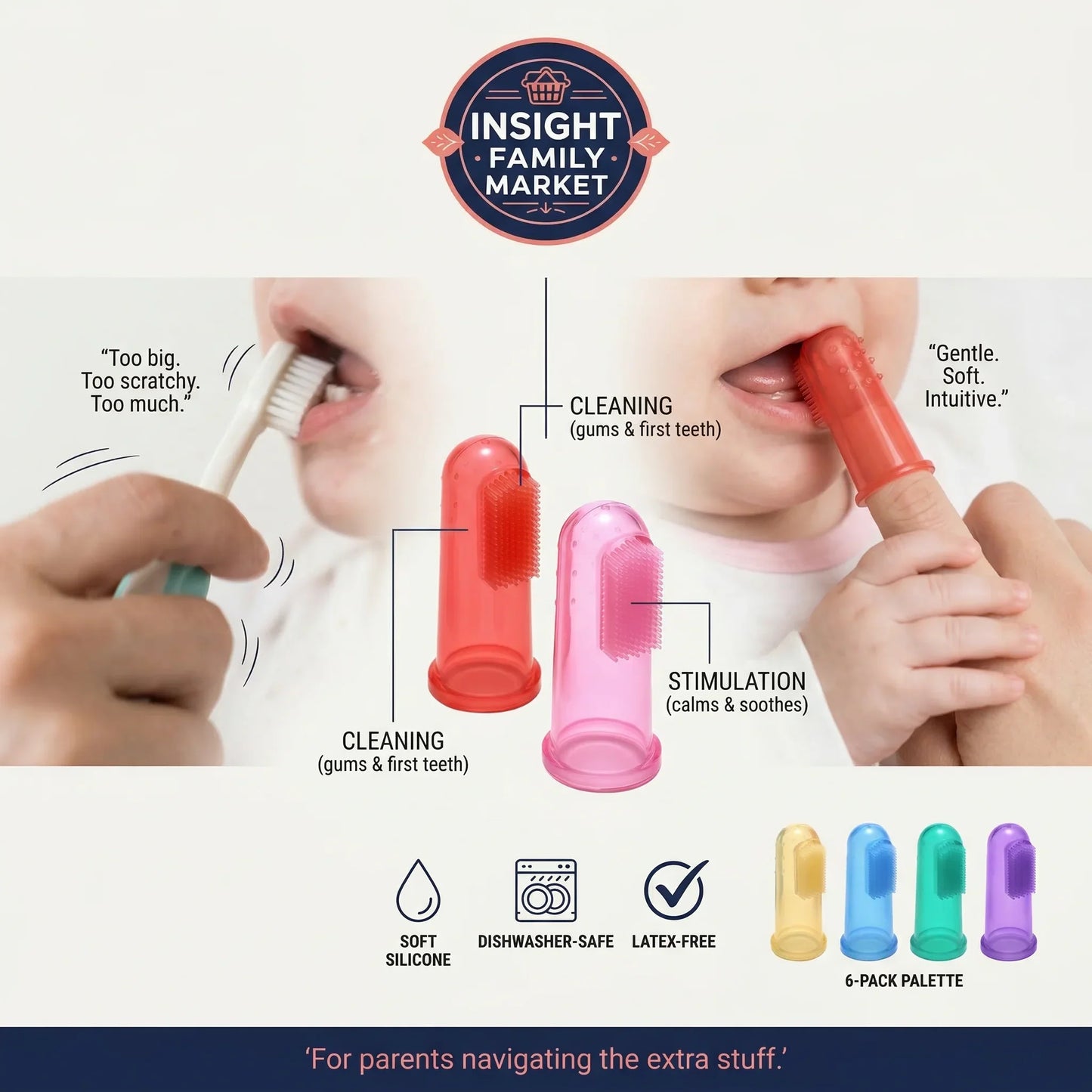 Product advertisement for a children's toothbrush and oral care tool with text and branding.