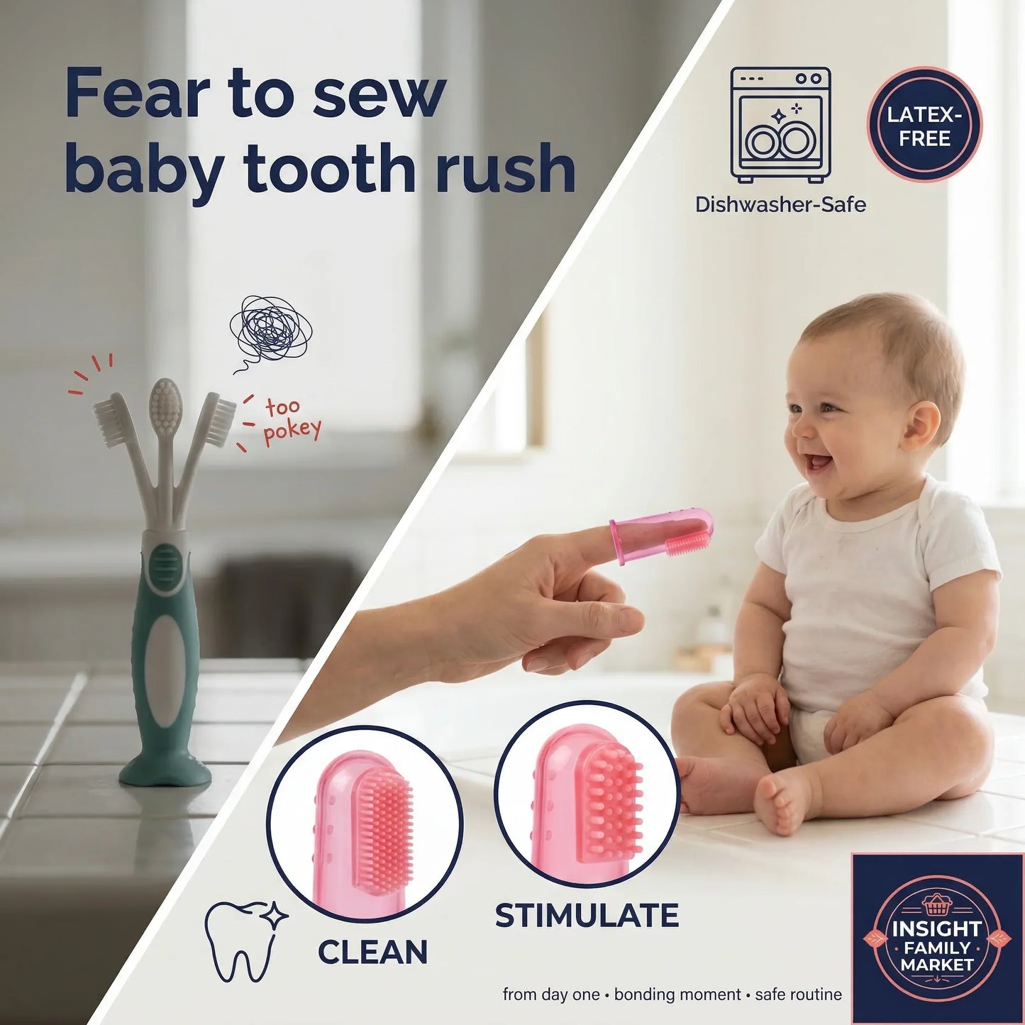 Baby toothbrush set with a child and text about dental care, featuring icons for cleanliness and stimulation.