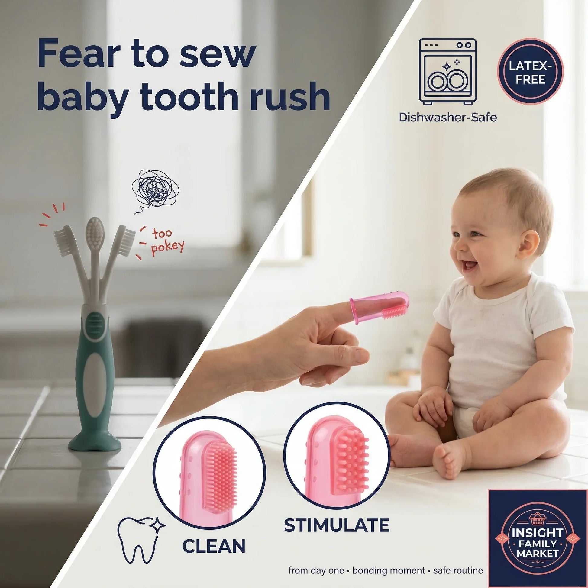 Baby toothbrush set with a child and text about dental care, featuring icons for cleanliness and stimulation.