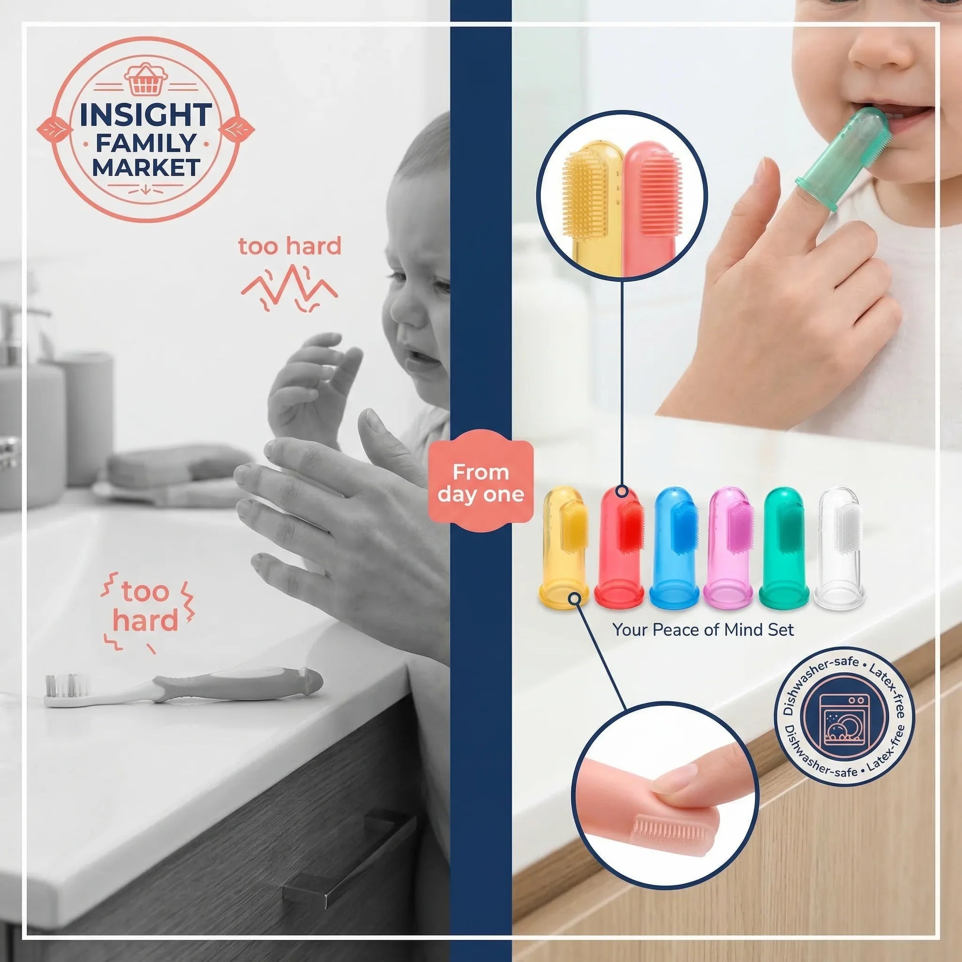 Product advertisement for a children's toothbrush set with different hardness levels, showing a child using the toothbrush and a close-up of the product.