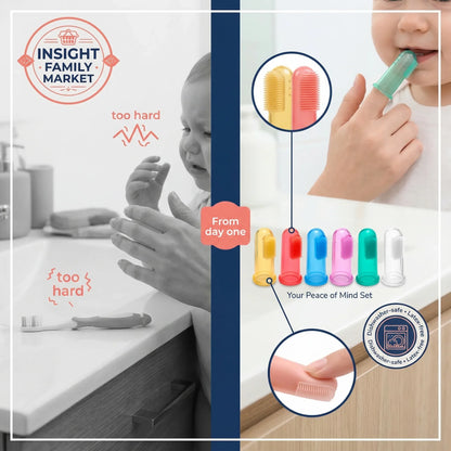 Product advertisement for a children's toothbrush set with different hardness levels, showing a child using the toothbrush and a close-up of the product.