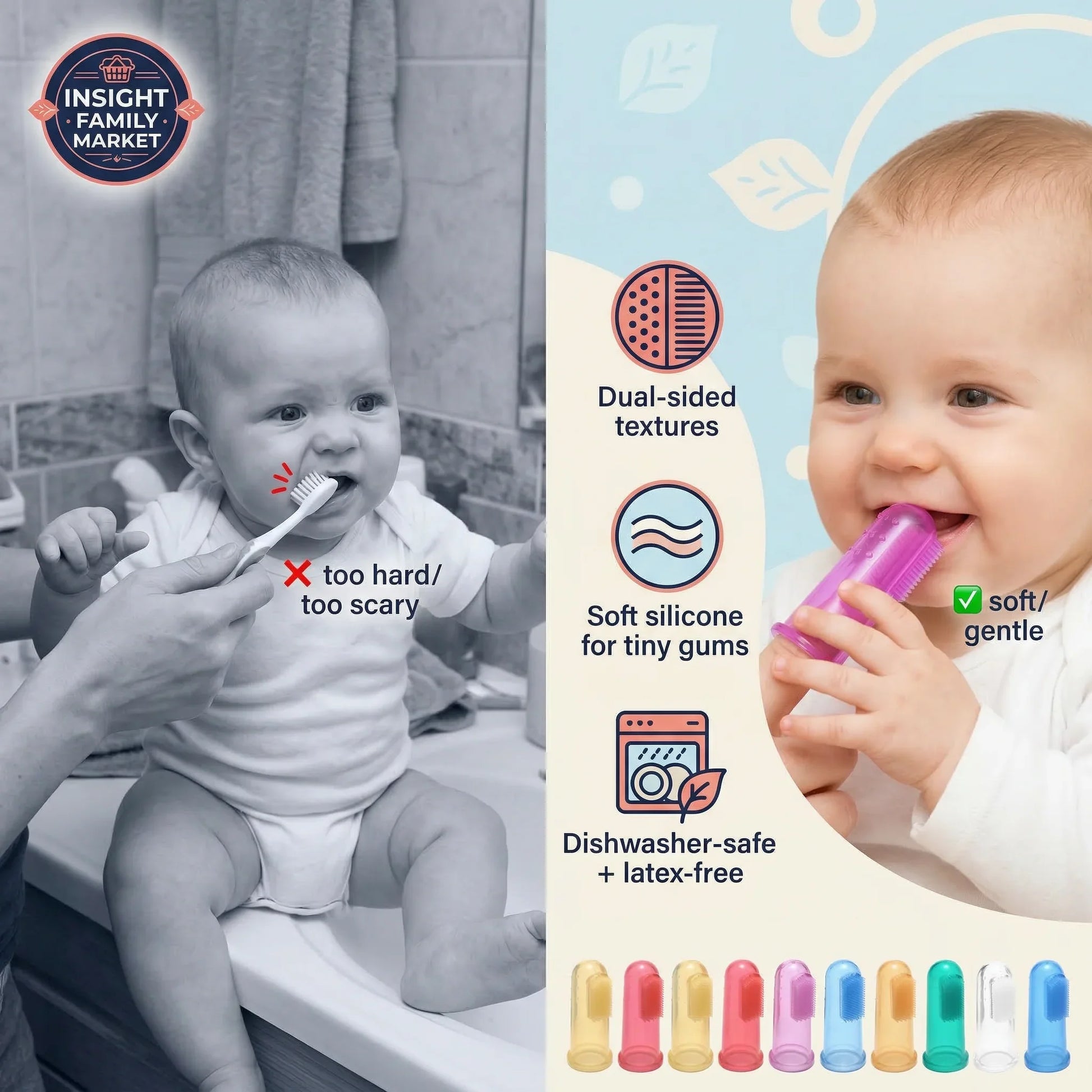 Baby being held by an adult with a toothbrush, alongside a colorful product with text about its features.